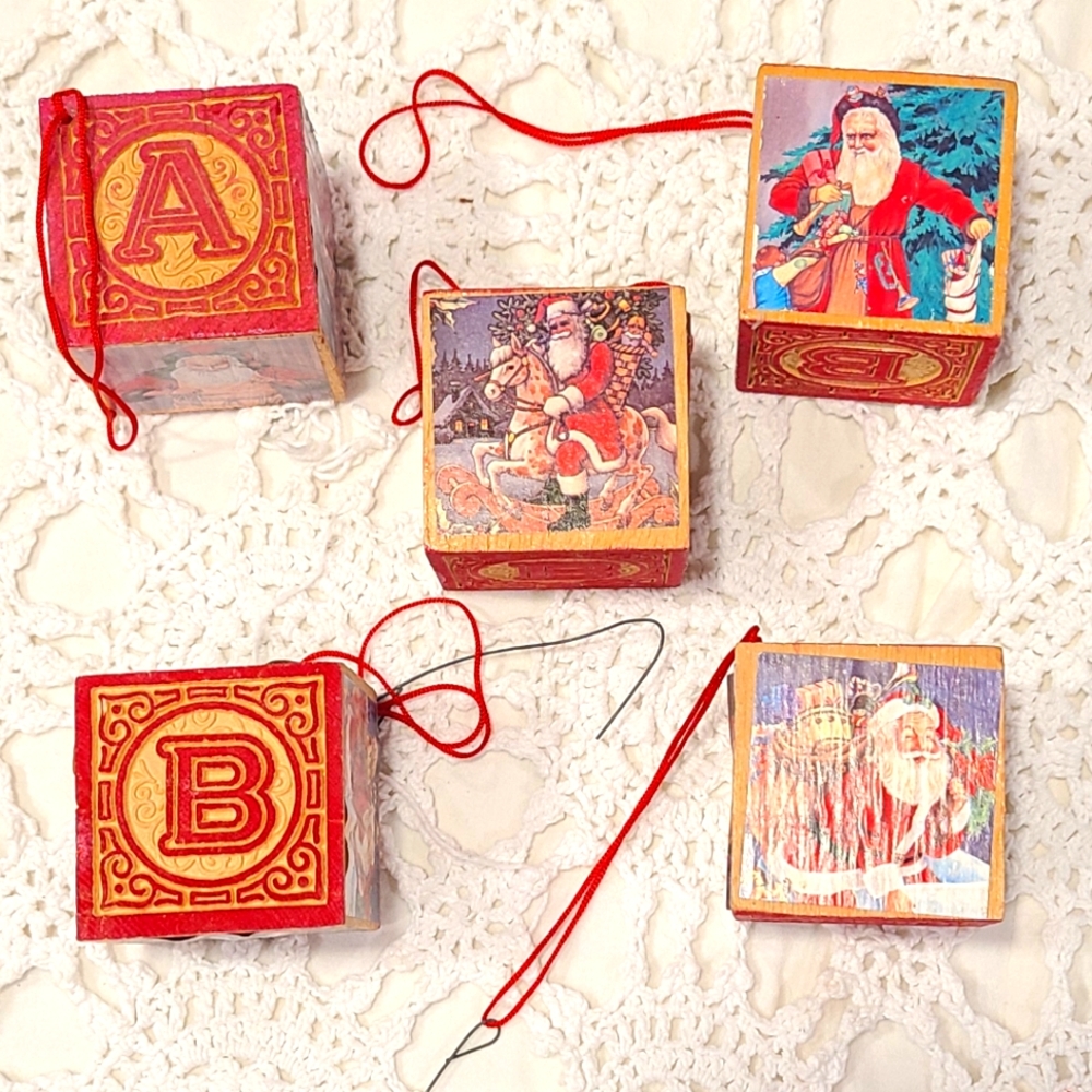 Vintage Decoupage Santa & Wood Letter Blocks Christmas Tree Ornaments Set Of 5